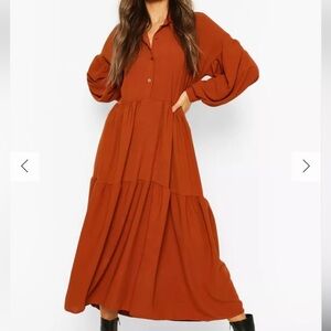 Boohoo Rust Orange Tiered Maxi Shirt Dress